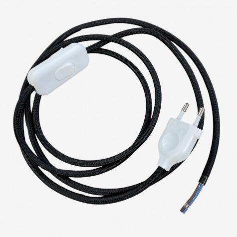 Cordon électrique avec interrupteur - coton noir  - interrupteur blanc - longueur 1.80 M